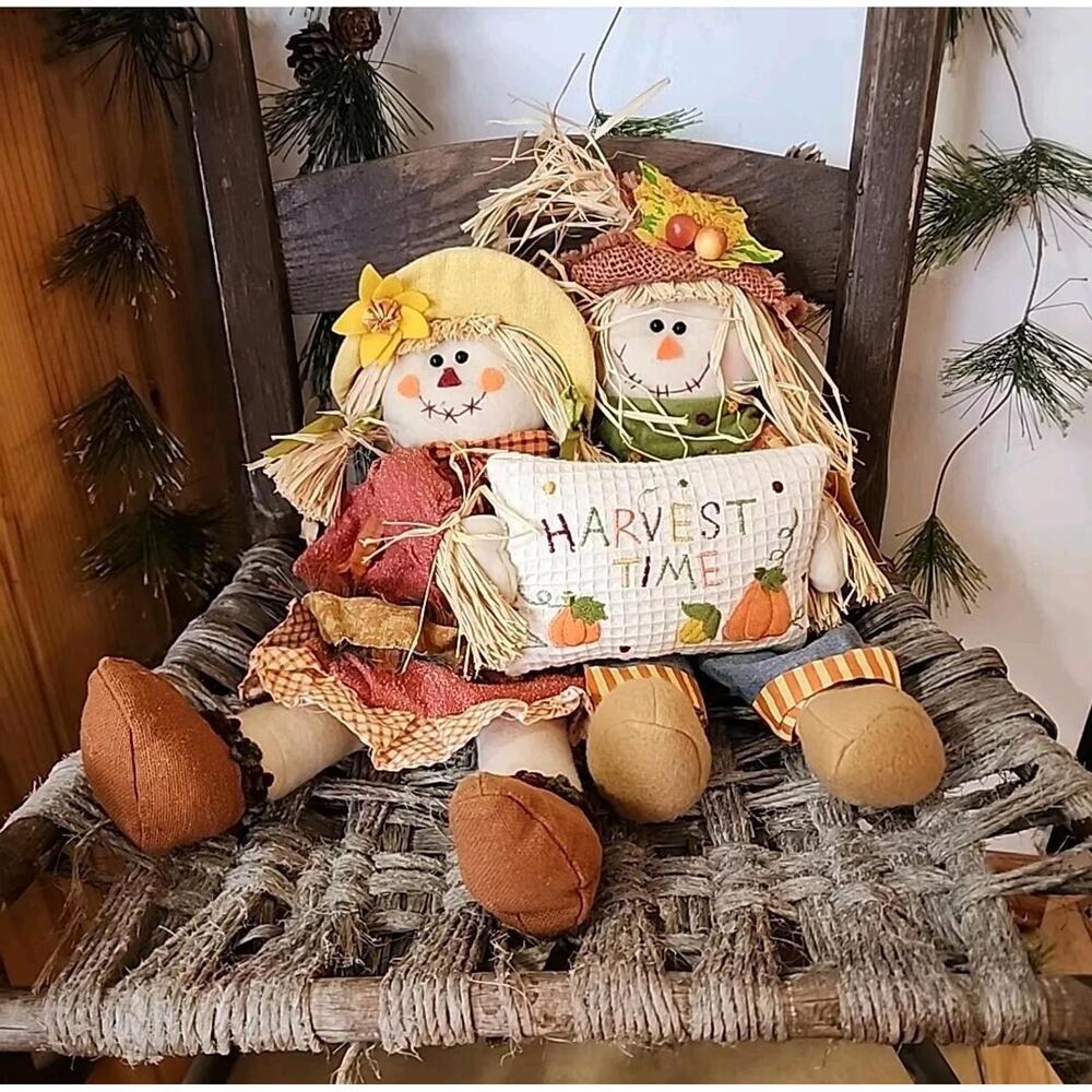 Festive Fall Autumn Sitting Couple Scarecrows Fall, Leaves Thanksgiving Decor